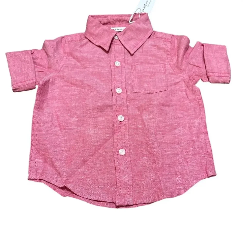 Janie and Jack Linen Blend Boys Button Front Shirt Red Size 6-12 months New